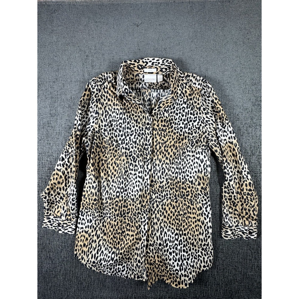 Chicos Sz 2 (12/14) US L Cheetah Popover No Iron Tunic Top Cotton Spandex